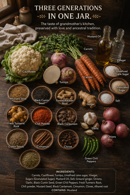 Heritage-style carrot cauliflower turnip pickle made in mustard oil
Authentic Indian winter vegetable achar with garlic ginger spice base
Small-batch Punjabi pickle with jaggery, vinegar, and Kashmiri chilli
Rustic homemade gobhi gajar shalgam pickle with warming Indian spices