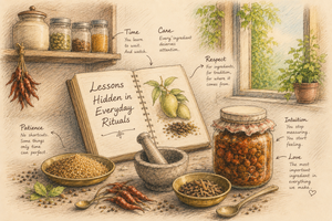 A pastel-toned hand-drawn illustration of a rustic kitchen workspace with a recipe journal, spice jars, traditional utensils, and preserved pickles, representing quiet wisdom, patience, and attention to detail passed through generations.
