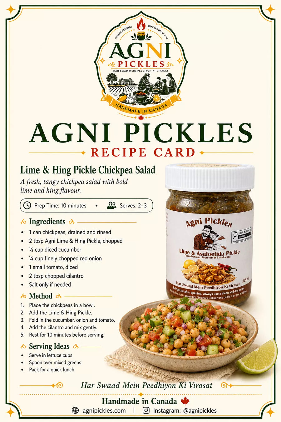 A recipe card for Agni Pickles Lime & Hing Pickle Chickpea Salad, featuring the brand logo, ingredients list, preparation method, serving ideas, and a photo of a jar of pickles alongside a lime wedge on a cream background.