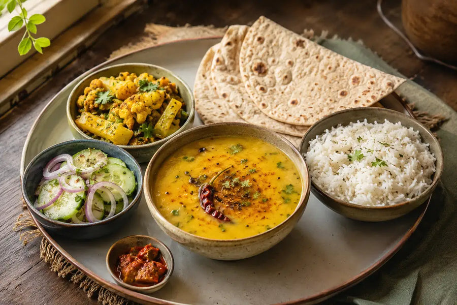 Homestyle Indian meal with dal tadka, rice, roti, vegetable sabzi, cucumber salad and pickle.