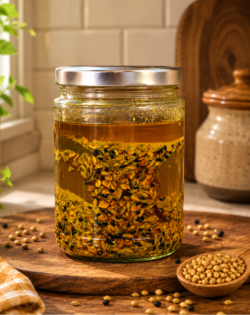Close-up of a glass jar filled with golden oil and whole spices, placed on a rustic wooden board in a warm sunlit kitchen with herbs, ceramic jars, and scattered seeds creating a cozy homemade atmosphere.