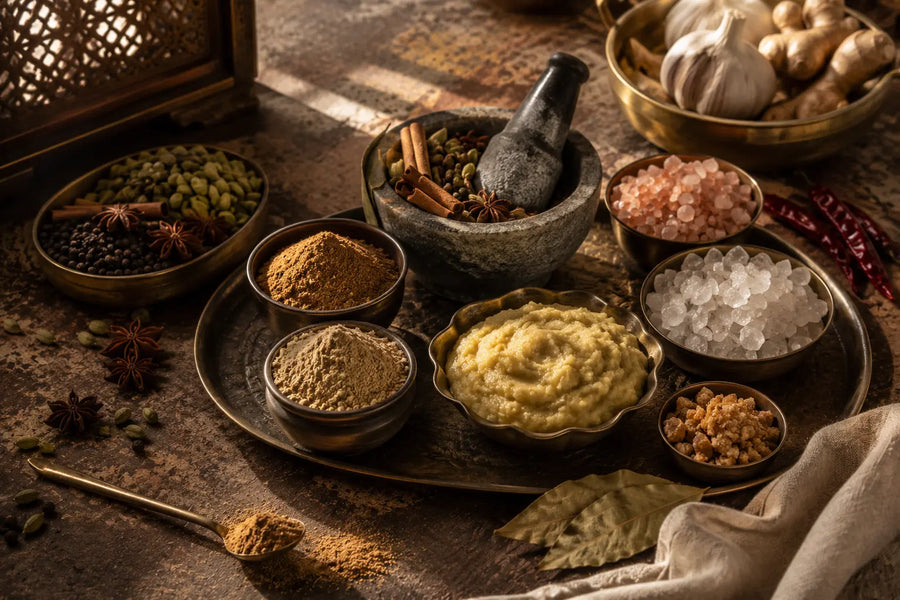 An overhead styled arrangement of whole spices and spice blends in small bowls on a metal tray, with a stone mortar and pestle, garlic bulbs, and dried red chilies on a rustic wooden surface.