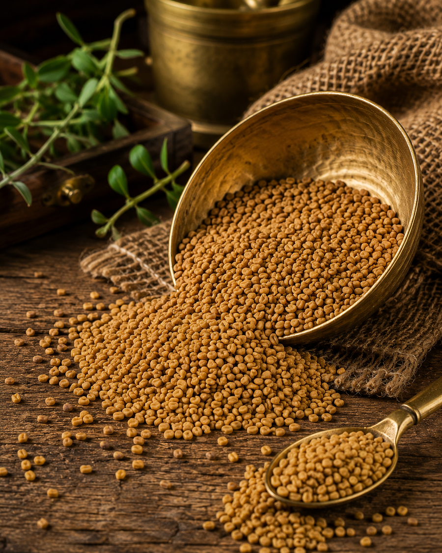 Meethi seeds in a rustic setting in a brass bowl spilling 