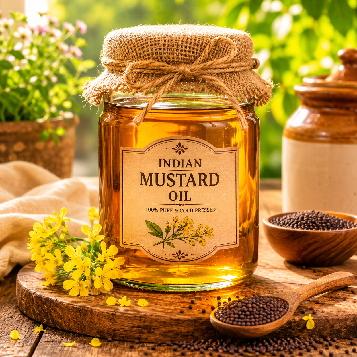 Glass jar of traditional Indian mustard oil placed on a rustic wooden table in a sunlit garden setting. Surrounded by mustard seeds, fresh green leaves, ceramic kitchenware, and soft yellow flowers.