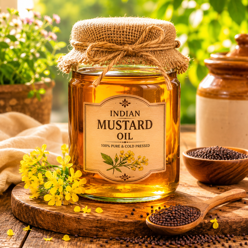 Glass jar of traditional Indian mustard oil placed on a rustic wooden table in a sunlit garden setting. Surrounded by mustard seeds, fresh green leaves, ceramic kitchenware, and soft yellow flowers.
