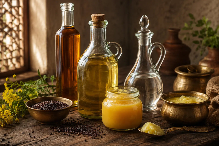 A styled still life of ghee and oil products in glass and metal containers on a rustic wooden table, with brass bowls of seeds and spices, a copper pot, and warm candlelight.