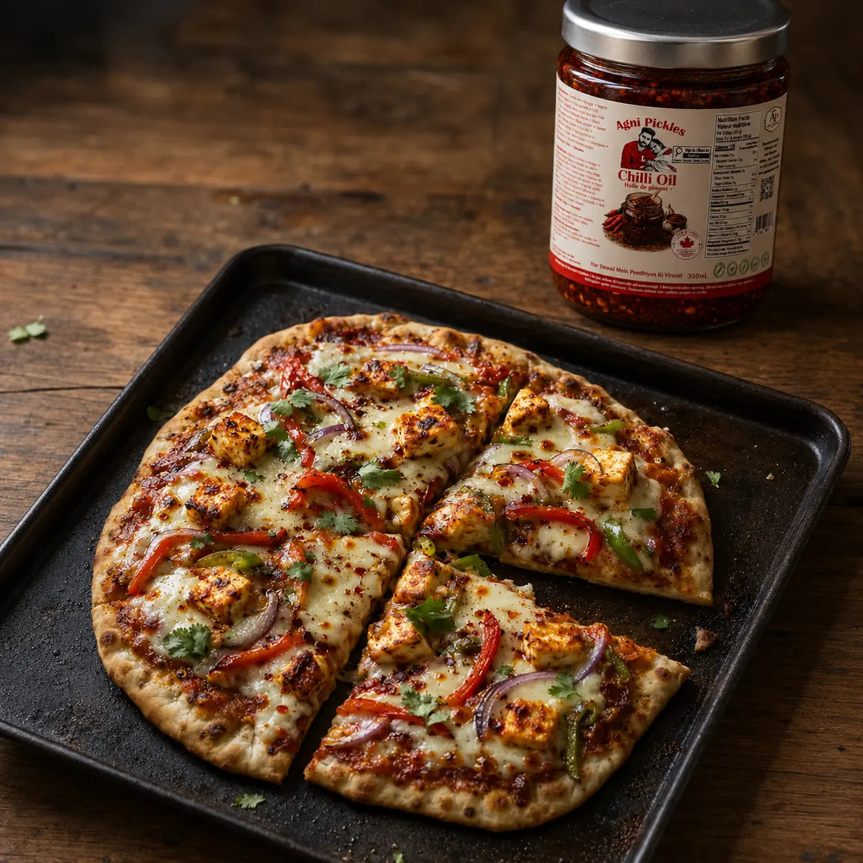 A sliced flatbread pizza topped with melted cheese, red peppers, onions, and herbs sits on a dark baking tray on a wooden table, with a jar of Red Chili Oil by Ken's Riches visible in the background.