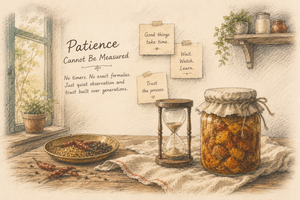 Hand-drawn pastel illustration of a rustic heritage kitchen, featuring a recipe journal, spice jars, traditional utensils, and preserved pickles, symbolizing the quiet wisdom, patience, and care passed down through generation