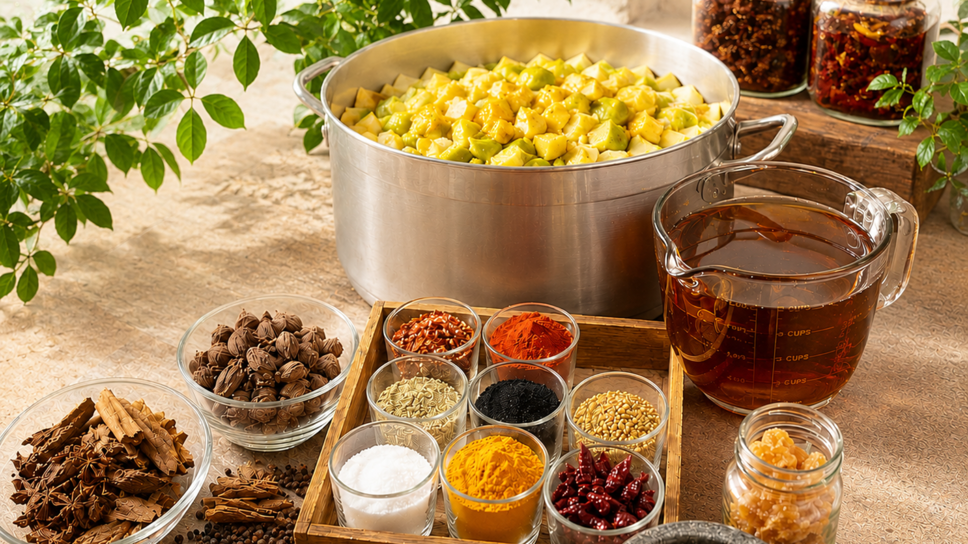 Handcrafted small-batch pickles arranged in a nostalgic Indian villa setting with warm rustic textures
