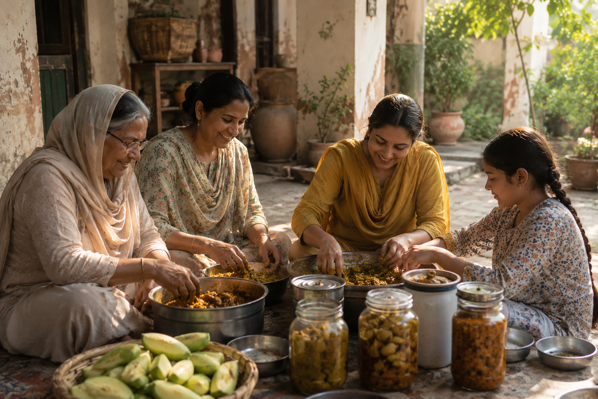 “Four generations of Punjabi women and a young girl sit together in a sunlit courtyard preparing traditional mango pickle. Bowls of spices, raw green mangoes, and glass jars filled with homemade pickles rest on the floor as warm golden light pours through the rustic veranda, capturing a nostalgic family moment rooted in tradition and togetherness.”
