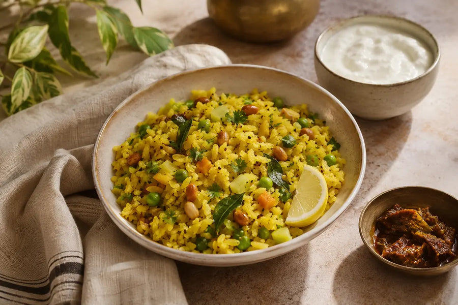 Homemade vegetable poha served with yogurt, lemon and Indian pickle on a warm kitchen table.