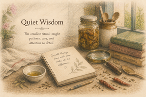 Apastel-toned hand-drawn illustration of a rustic kitchen workspace with a recipe journal, spice jars, traditional utensils, and preserved pickles, representing quiet wisdom, patience, and attention to detail passed through generations.

