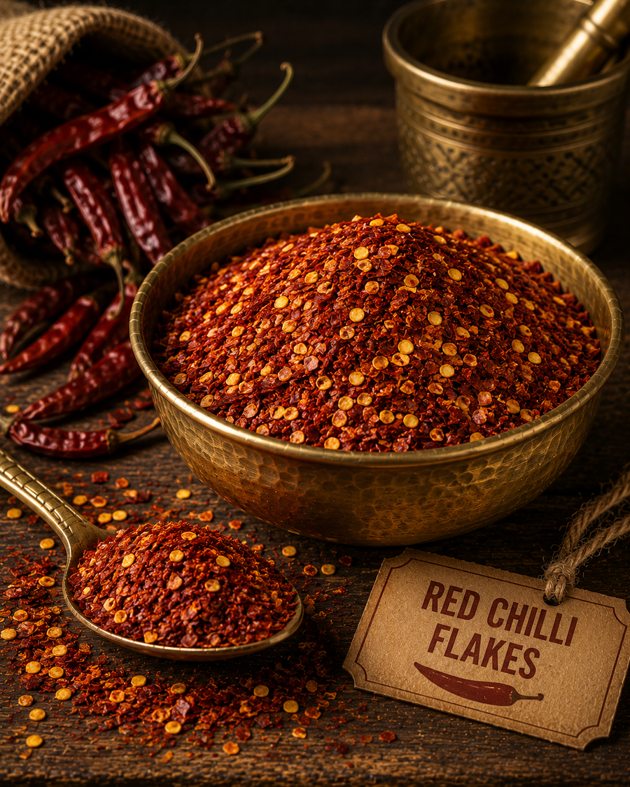 Crushed chillies delivering bold heat and texture.