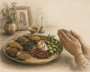 A pair of folded hands in a gesture of respect beside a brass platter filled with traditional pickle ingredients, including garlic, lime, red chillies, and spices. A lit oil lamp, incense, and brass vessels sit in the backgroun