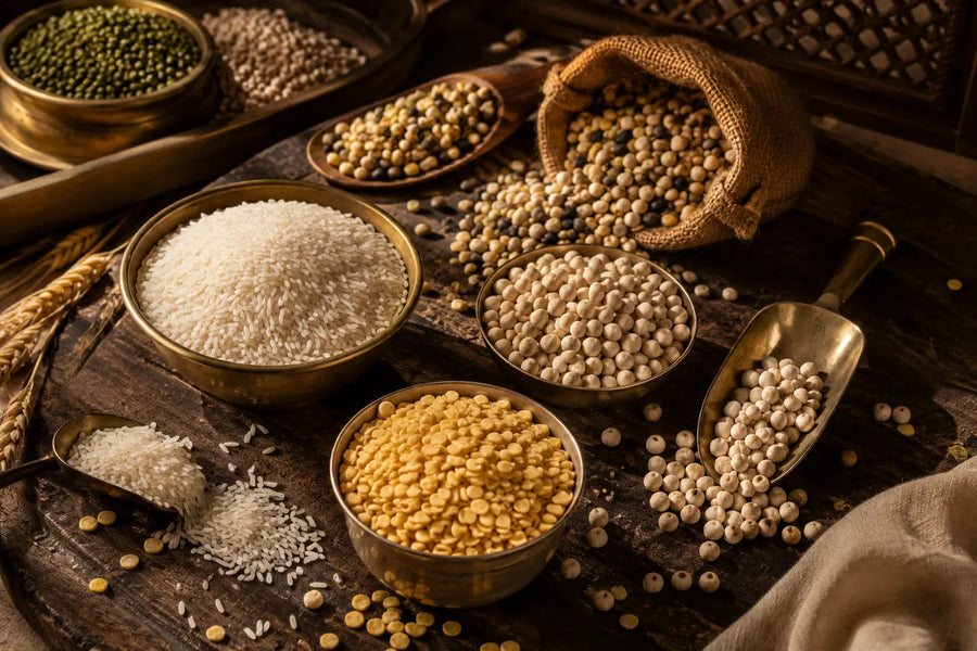A rustic flat-lay arrangement of various whole grains, pulses, and rice in brass bowls and scattered on a dark wooden table, including yellow lentils, white rice, beige chickpeas, green mung beans, and whole wheat.