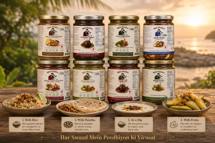 Agni Pickles jars and traditional Indian spices in a warm kitchen setting