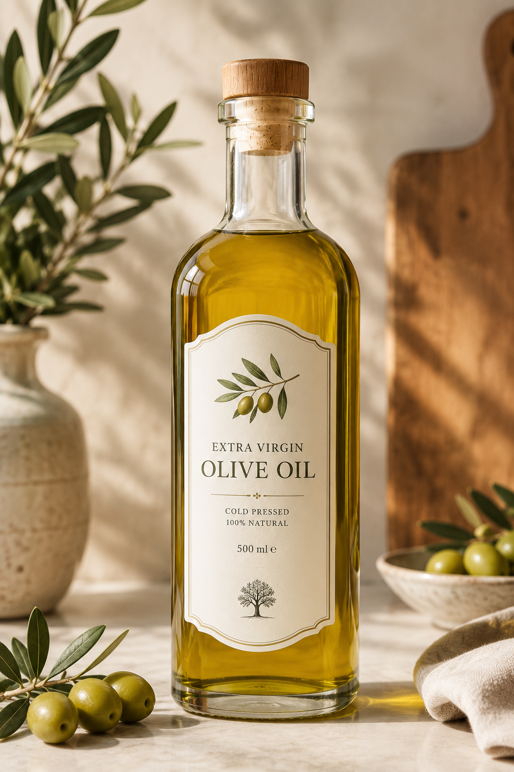A premium glass bottle filled with golden olive oil, styled in a warm rustic kitchen setting with olives, olive branches, and soft natural lighting.
