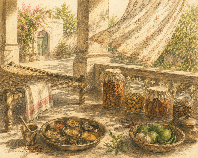 pastel-toned hand-drawn illustration of a rustic veranda in an old punjabi household showing Barnis & a Charpai