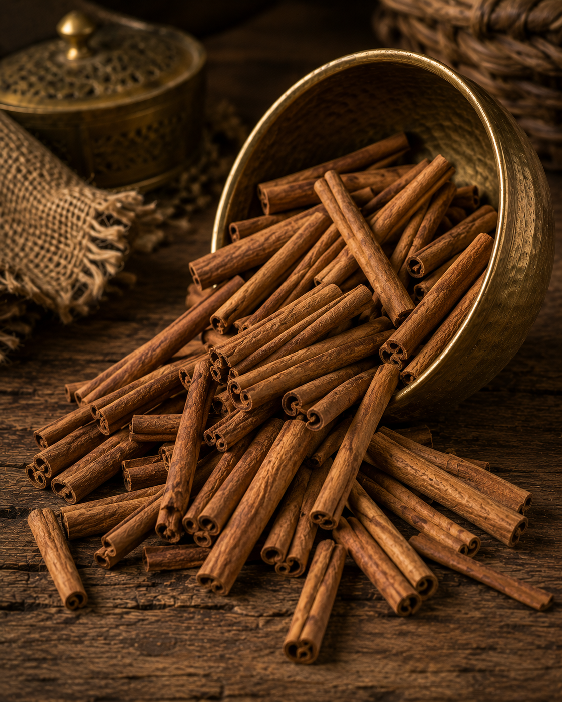 Rustic cinnamon still life with brass elements