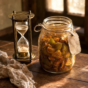 Old brass hourglass beside a glass jar filled with spiced lime pickle on a sunlit rustic wooden table.