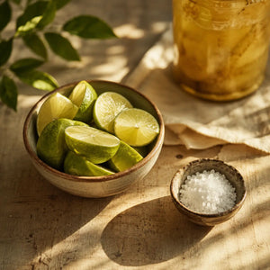 Cut limes and salt sitting beside a glass jar in warm sunlight.