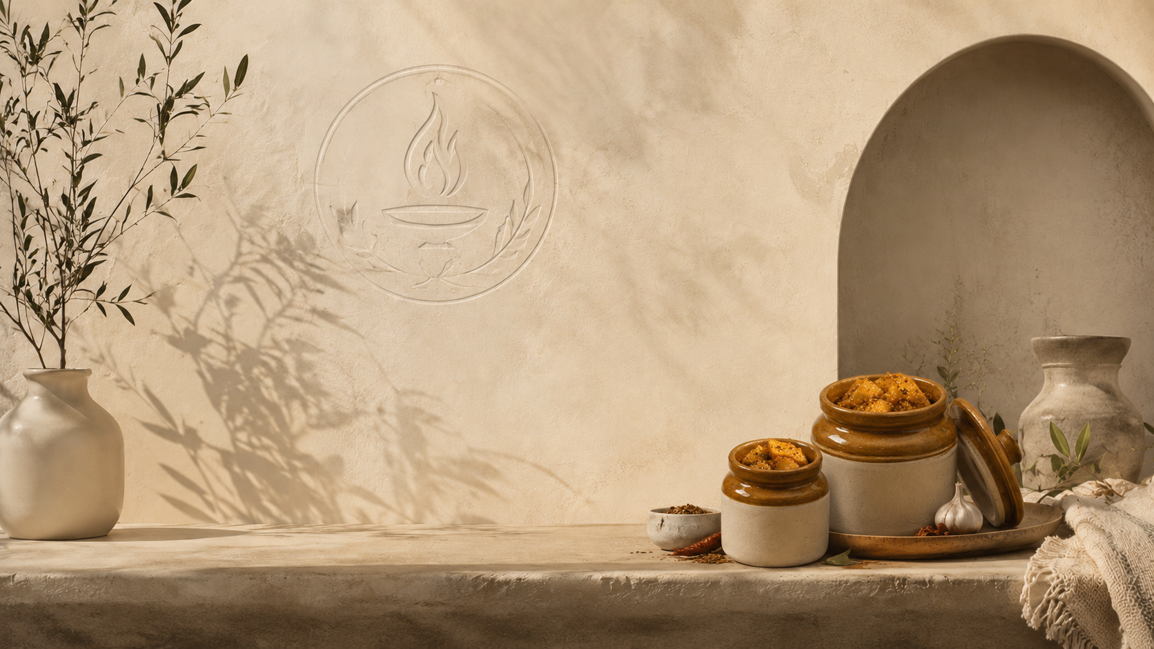 Warm rustic Indian dining scene featuring a brass thali filled with authentic Indian food including parathas, dal, rice, spicy Indian pickle, sliced onions, green chilli, and lemon wedges.