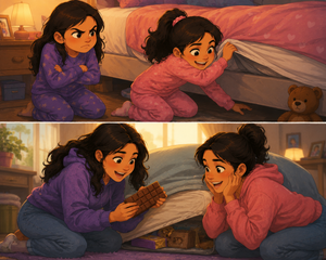 Cartoon-style illustration of two sisters discovering a long-forgotten chocolate bar hidden beneath a mattress, sharing a moment of surprise, laughter, and childhood nostalgia. 🍫✨

