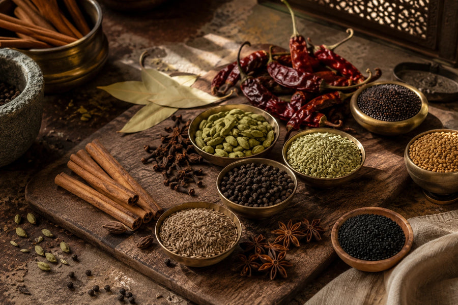 An assortment of whole spices and herbs arranged on a rustic wooden board, including cinnamon sticks, star anise, black peppercorns, green cardamom pods, green lentils, brown seeds, dried red chilies, and bay leaves in small brass bowls.