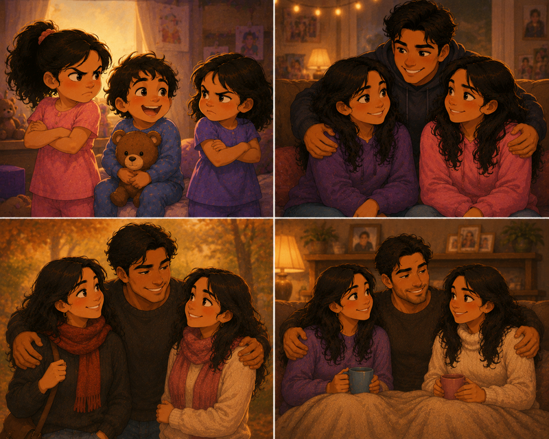 Cartoon-style illustration of two sisters and their younger brother growing up together through childhood, adolescence, and adulthood, showing how sibling rivalry evolved into a lifelong bond, with the brother becoming a strong, caring presence and the heart of the family. ❤️✨
