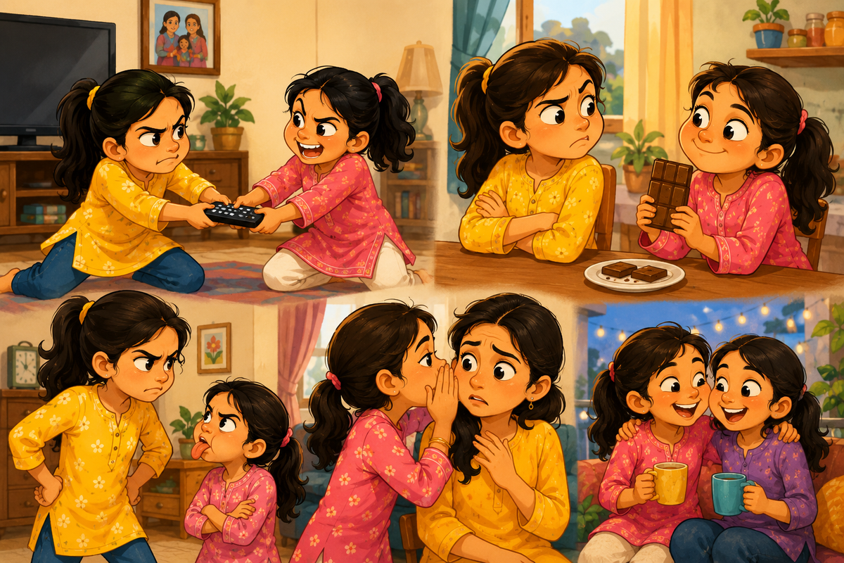 A playful cartoon illustration of two Punjabi sisters growing up through sibling rivalries, tugging over a TV remote, competing for chocolate, teasing each other, and ultimately sharing a warm, loving bond at home.
