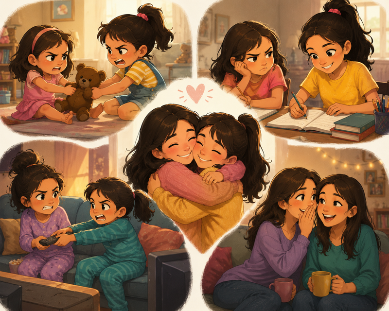 Cartoon-style illustration showing two sisters growing from playful childhood rivals into close friends through shared moments, disagreements, laughter, and lasting family bonds.