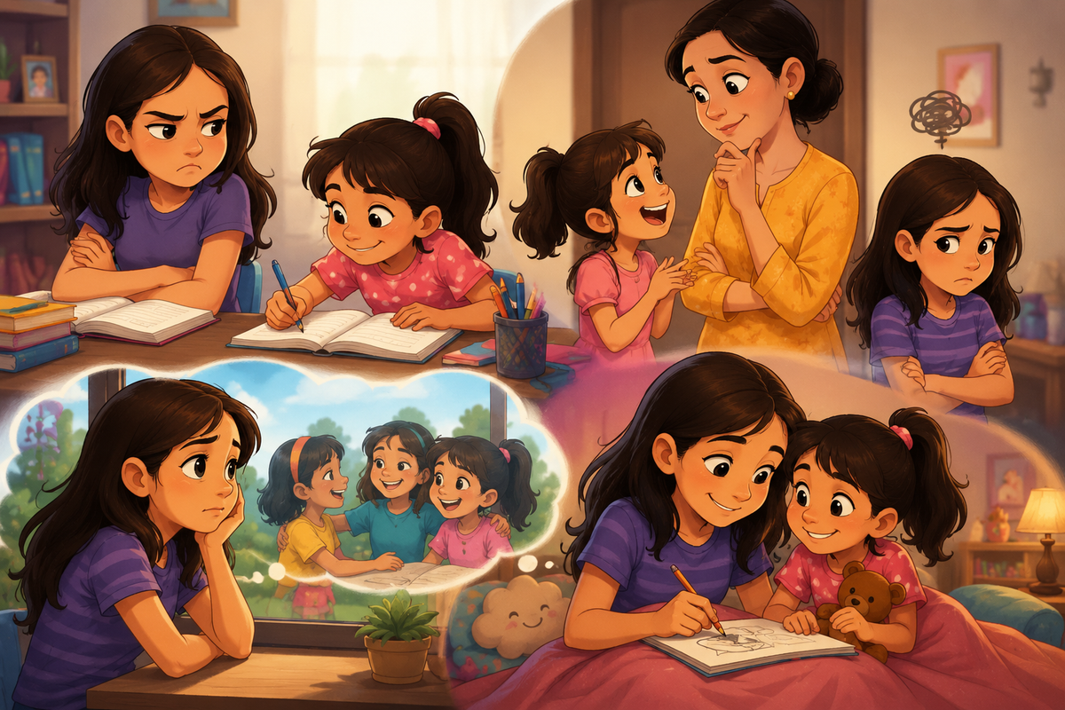 Cartoon-style illustration of two sisters navigating childhood rivalry and friendship through study time, playful disagreements, family moments, and shared activities in a warm, cozy home.