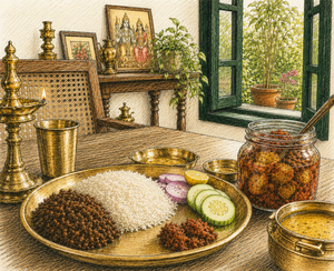 Sketch OF A Cozy Indian heritage dining atmosphere in a kitchen Corner