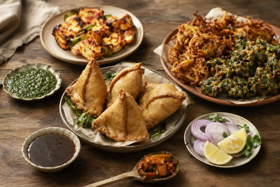 Indian snacks and appetizers featuring samosas, onion and spinach pakoras, paneer tikka, mint chutney, tamarind chutney, pickle, onion and lemon.