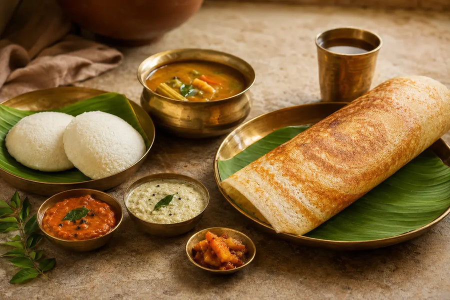 South Indian breakfast spread with crisp dosa, idli, sambar, coconut chutney, tomato chutney and pickle served on banana leaves.