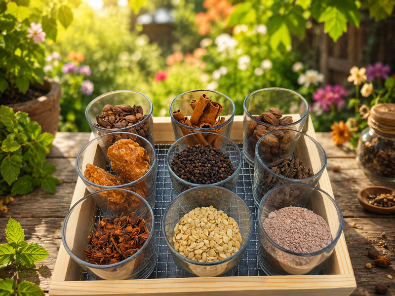 Warm outdoor garden scene with a rustic wooden spice tray holding nine glass bowls filled with traditional Indian spices like cinnamon, black pepper, jaggery, cardamom, and dried herbs.