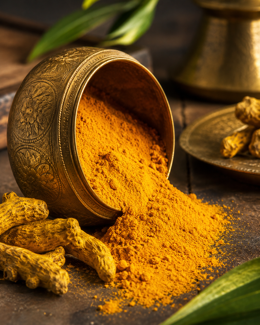 Spilled turmeric  in a brass bowl on a wooden table