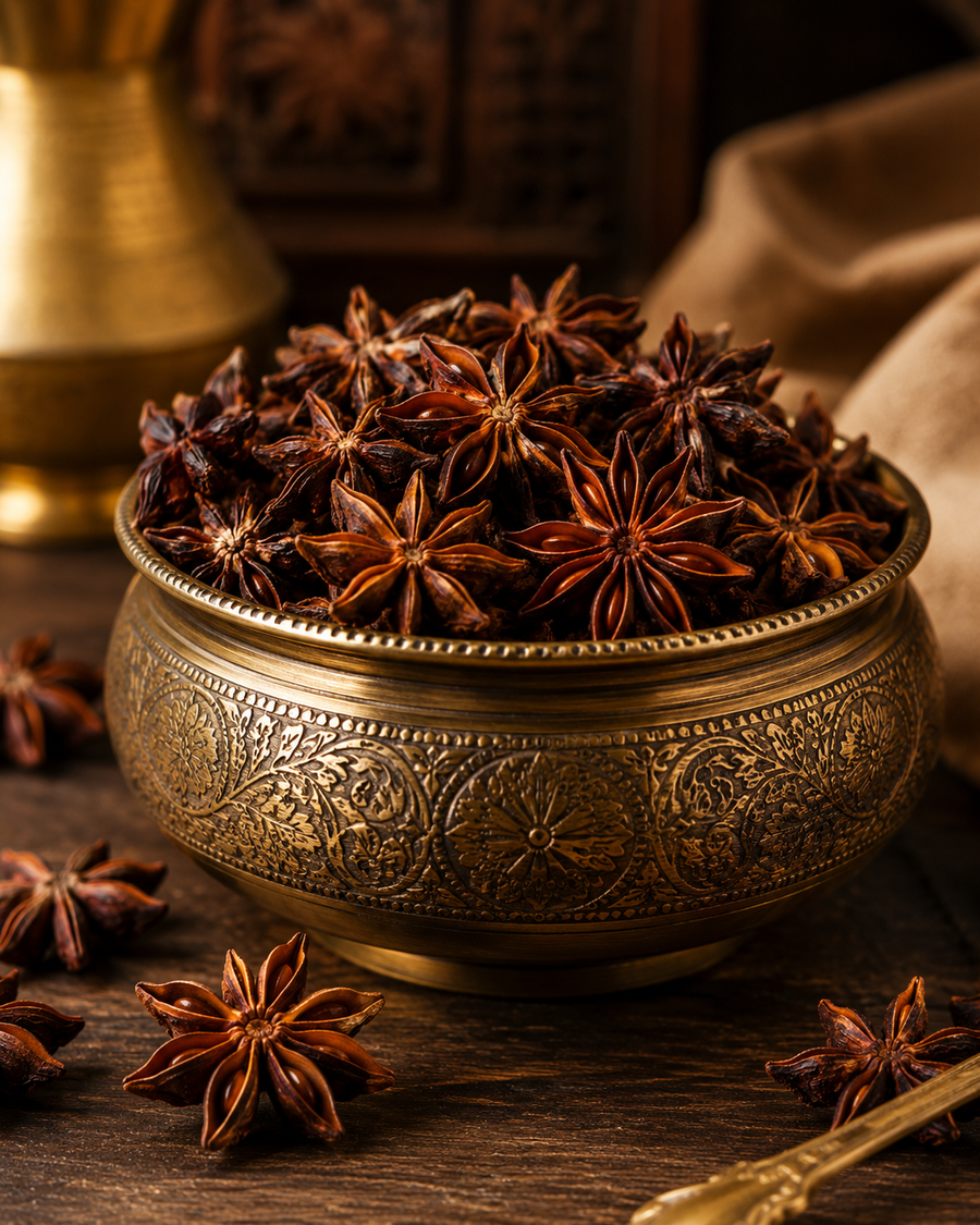 Brass Bowl of Star-shaped spices in a rustic setting