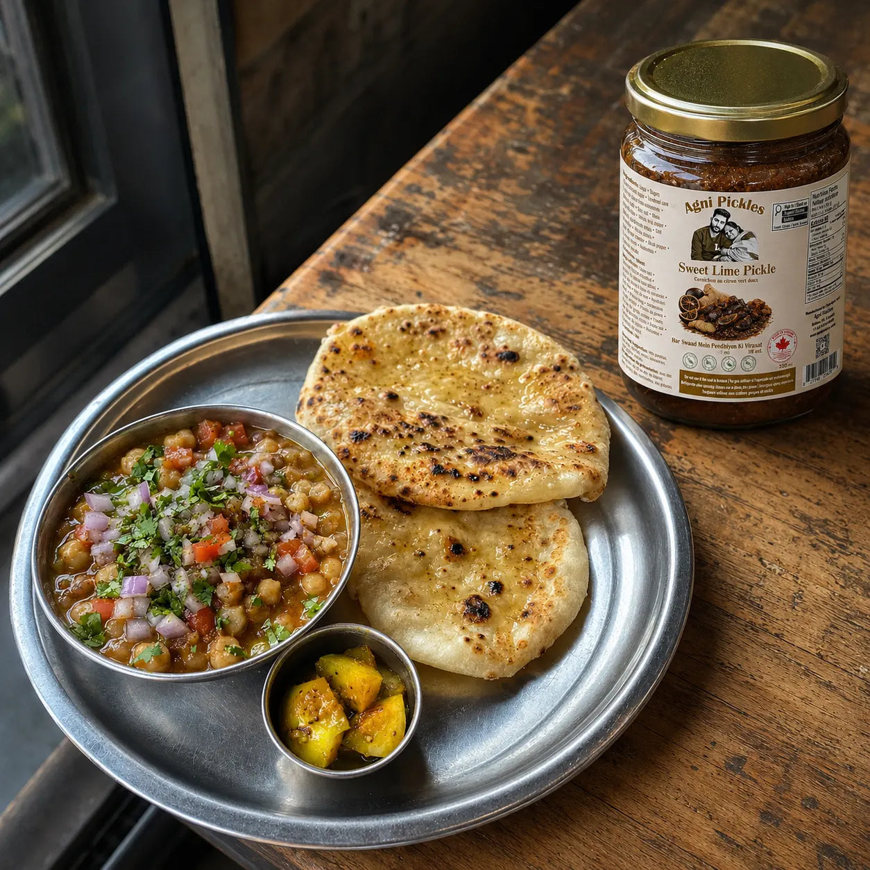A metal plate with two pieces of naan bread, a bowl of lentil chutney, and a small bowl of yellow fruit, placed on a rustic wooden table next to a jar of Mini Palaku Sweet Lime Pickle.