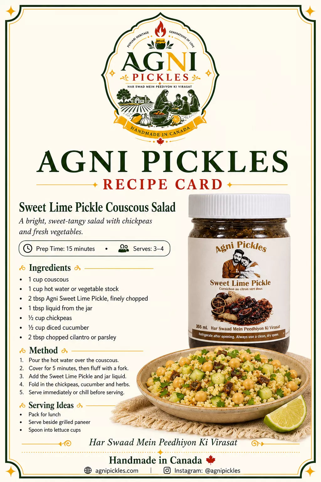 A recipe card for Agni Pickles Sweet Lime Pickle Couscous Salad, featuring a jar of the pickles, ingredients list, preparation time, serving size, method steps, and serving ideas on a cream background with decorative borders.