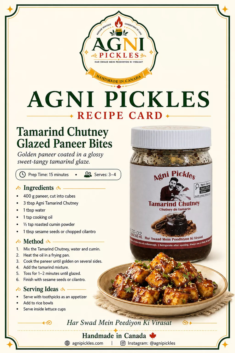 A recipe card for Agni Pickles Tamarind Chutney Glazed Paneer Bites, featuring the brand logo, ingredients list, preparation method, serving suggestions, and a photo of the prepared food alongside a jar of the pickles.