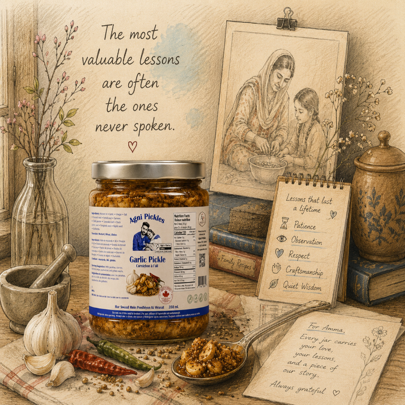 pastel-toned hand-drawn illustration of a rustic kitchen workspace with a recipe journal, spice jars, traditional utensils, and preserved pickles, representing quiet wisdom, patience, and attention to detail passed through generations.
