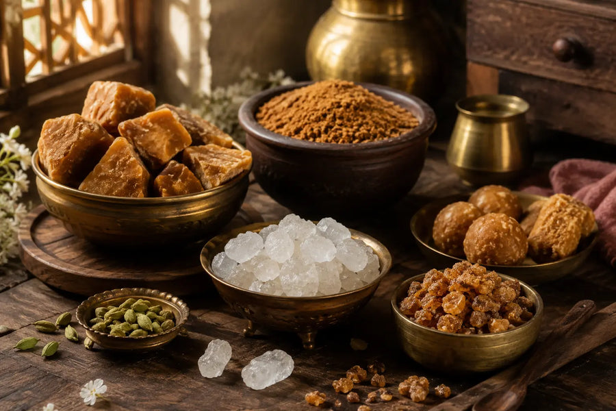 An assortment of traditional Indian sweets and spices arranged in brass bowls on a rustic wooden table, with a brass pot and wooden cabinet in the background.