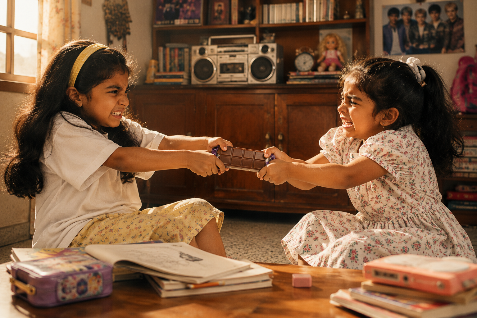 Two sisters playfully tug over a chocolate bar in a warm, nostalgic 1990s-style family room filled with books, toys, and golden afternoon sunlight.
