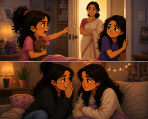 Cartoon-style illustration of two sisters whose childhood tattling eventually grows into a deep bond of trust, with their mother in a traditional cotton Indian saree watching over them as they share secrets and memories together.