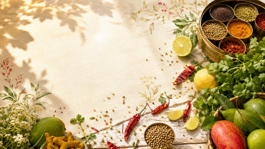A styled flat-lay of Indian spices and ingredients arranged on a rustic wooden table with a decorative cream-colored cloth. The scene includes a brass bowl filled with colorful ground spices, whole peppercorns, dried red chilies, lime slices, ginger, mangoes, green mangoes, coriander leaves, and herbs, with dappled sunlight casting leaf shadows across the composition.
