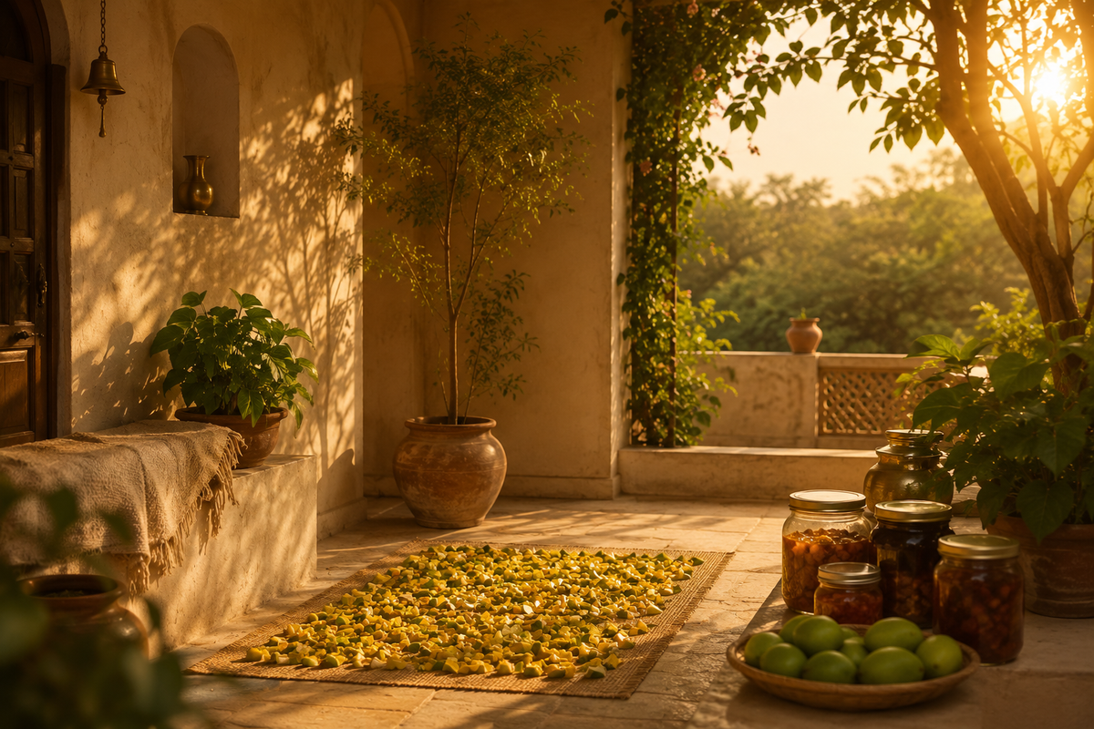 Sunlit heritage balcony with earthy tones and traditional Indian ambiance
Traditional Indian balcony lifestyle image with nostalgic handcrafted warmth telling a story