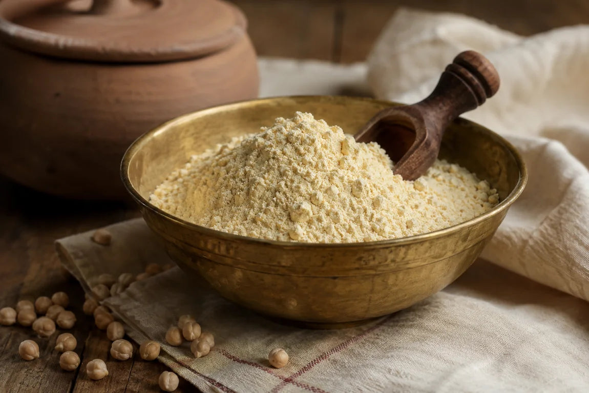 Finely ground Indian besan chickpea flour in a traditional brass bowl with a wooden scoop and whole chickpeas on a rustic table.