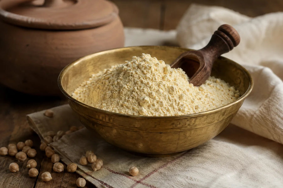 Finely ground Indian besan chickpea flour in a traditional brass bowl with a wooden scoop and whole chickpeas on a rustic table.