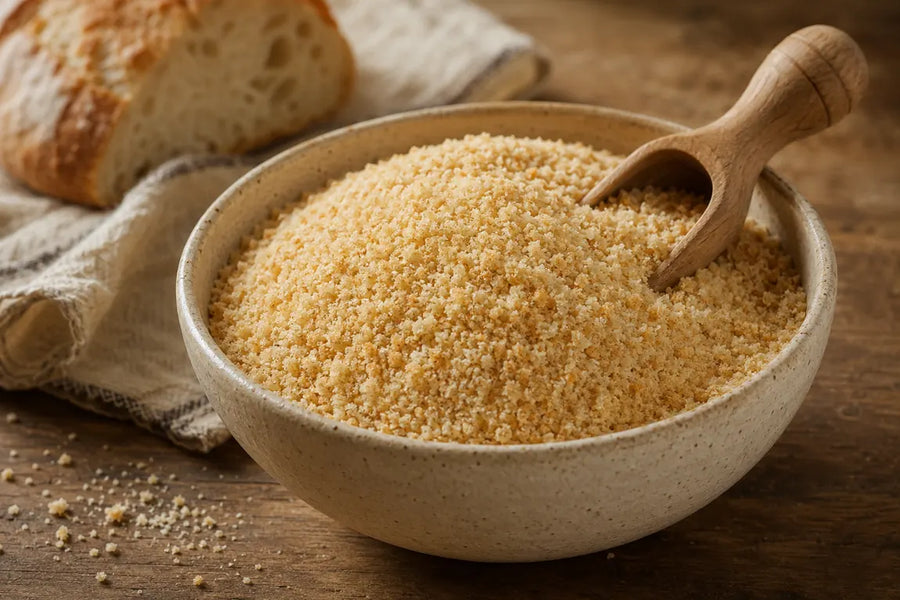 Fine golden homemade breadcrumbs in a ceramic bowl with a wooden scoop and rustic bread in the background.